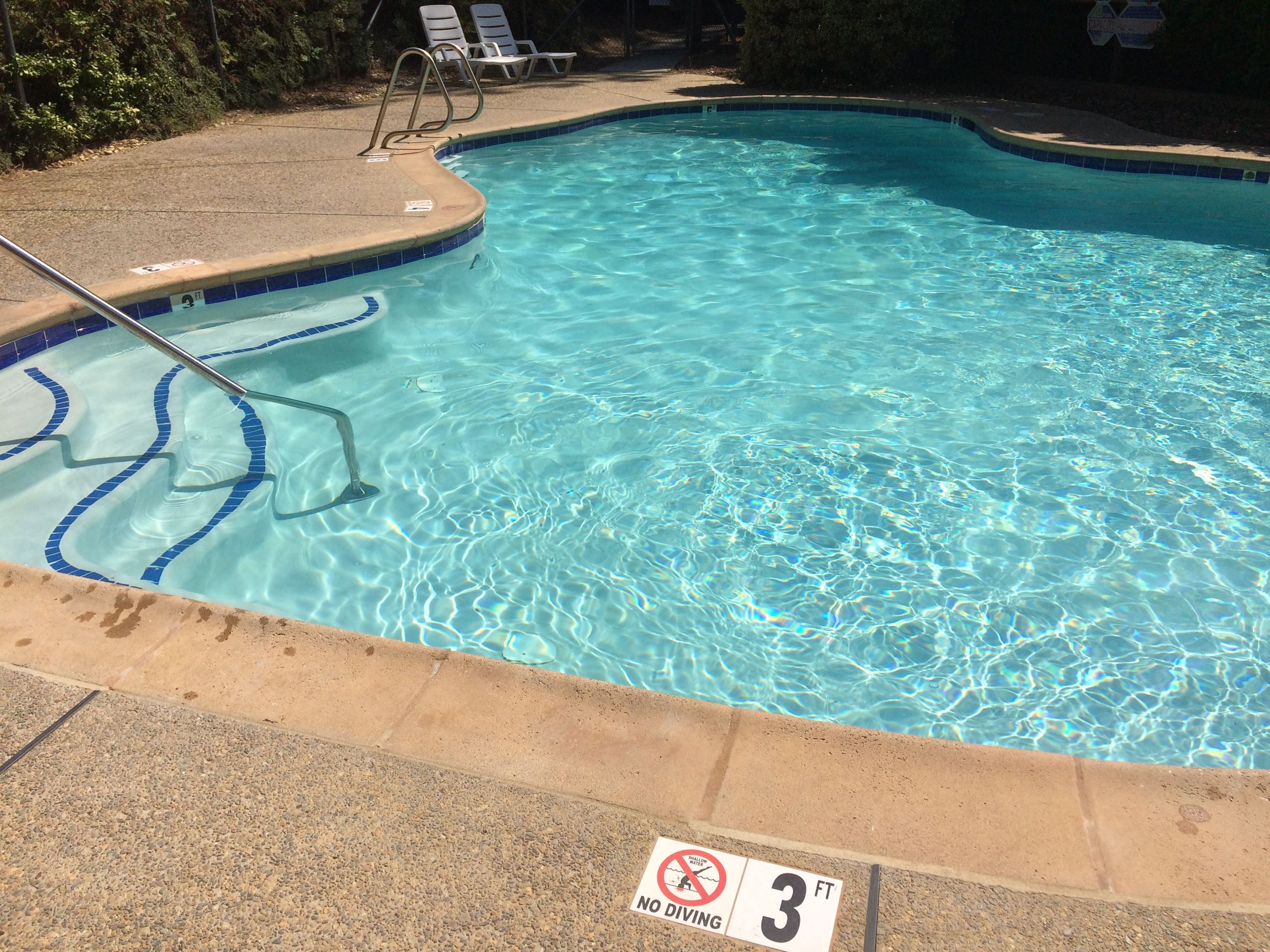 Crystal blue, kidney or irregular shaped commercial/public pool. 