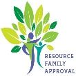 Adult holding two children creating a tree base with leaves on top words Resource Family Approval