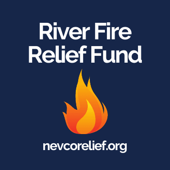 Dark blue background with a flame. Wildfire Relief and Recovery Campaign, nevcorelief.org