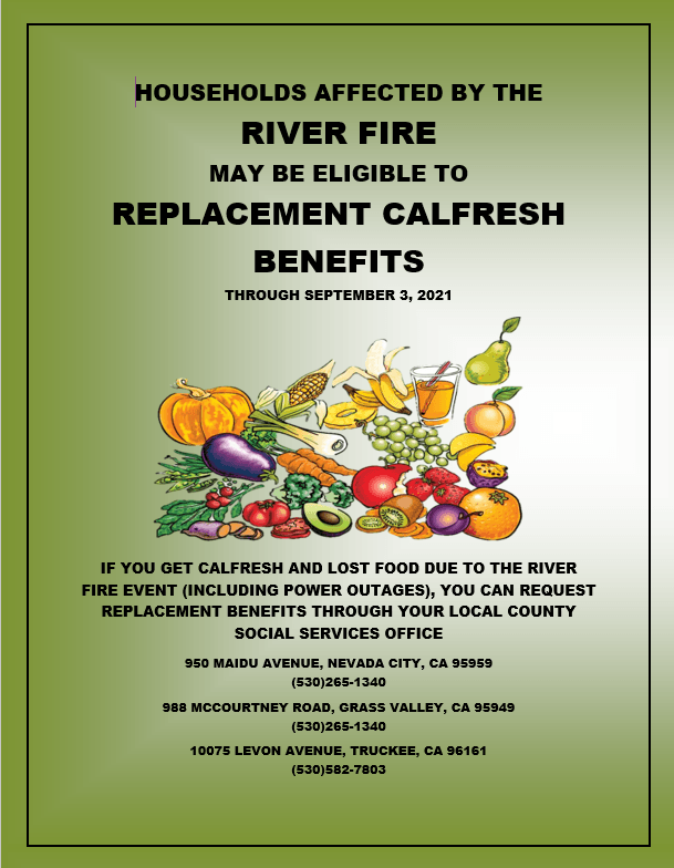 Households affected by the River Fire may be eligible for replacement CalFresh benefits through Sept