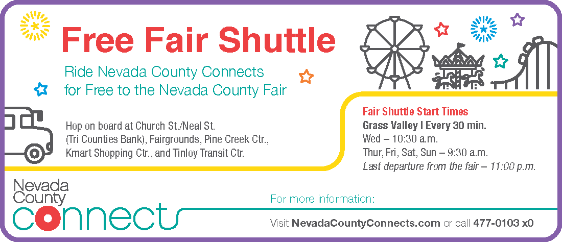 Free Fair Shuttle information from webpage with fireworks, bus, ferris wheel, and logo.