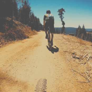 A bicyclist rides up the middle of a dusty path overlooking a ridge of pine trees.