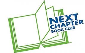 Next Chapter Book Club logo blue writing green outline of a book behind lettering