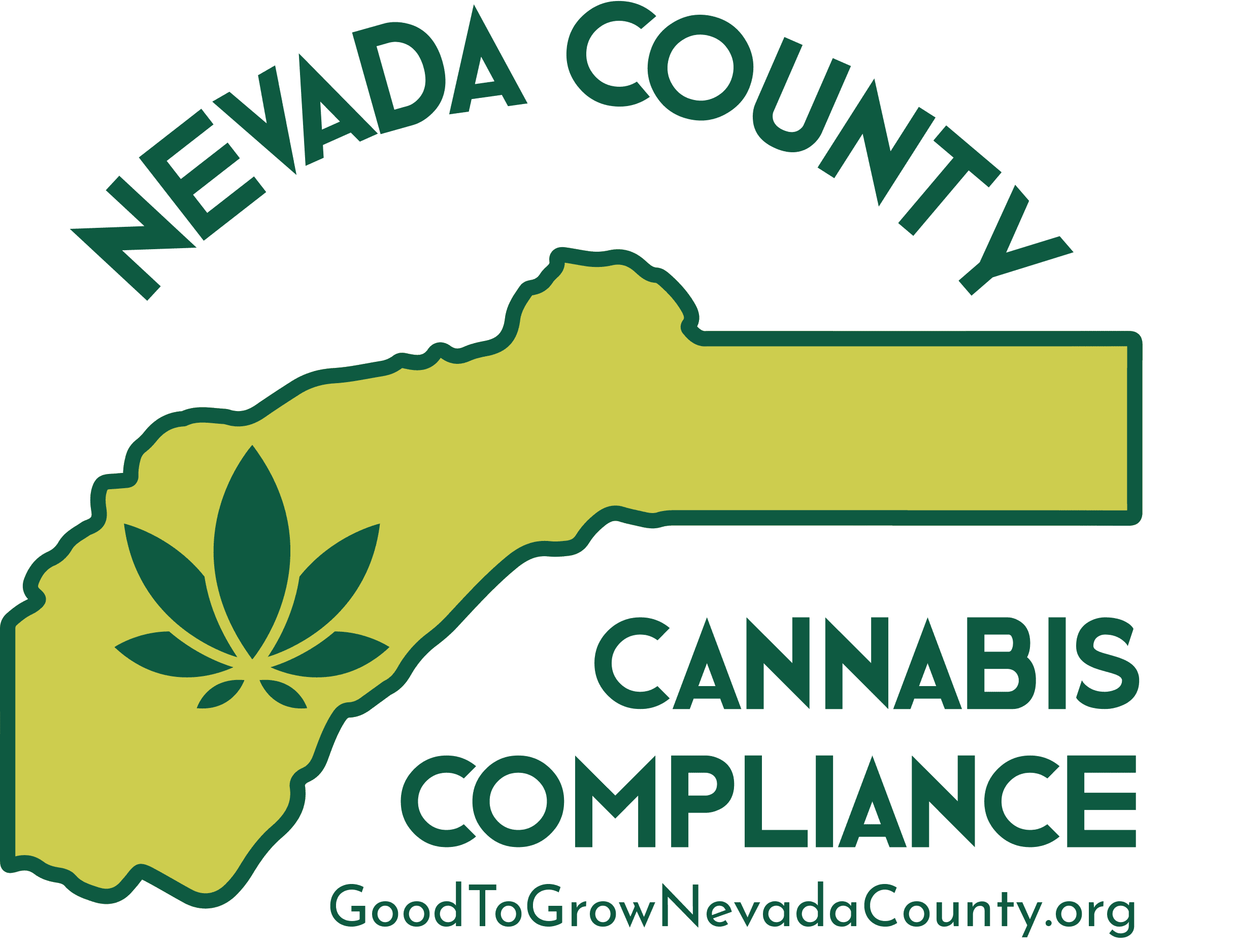 Nevada County Cannabis Compliance (shape of county and cannabis leaf) and goodtogrownevadacounty.org