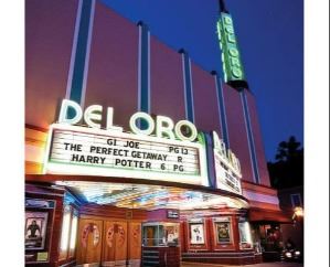 Popular Grass Valley Movie Theater "Del Oro"  at night with illuminated marquee sign