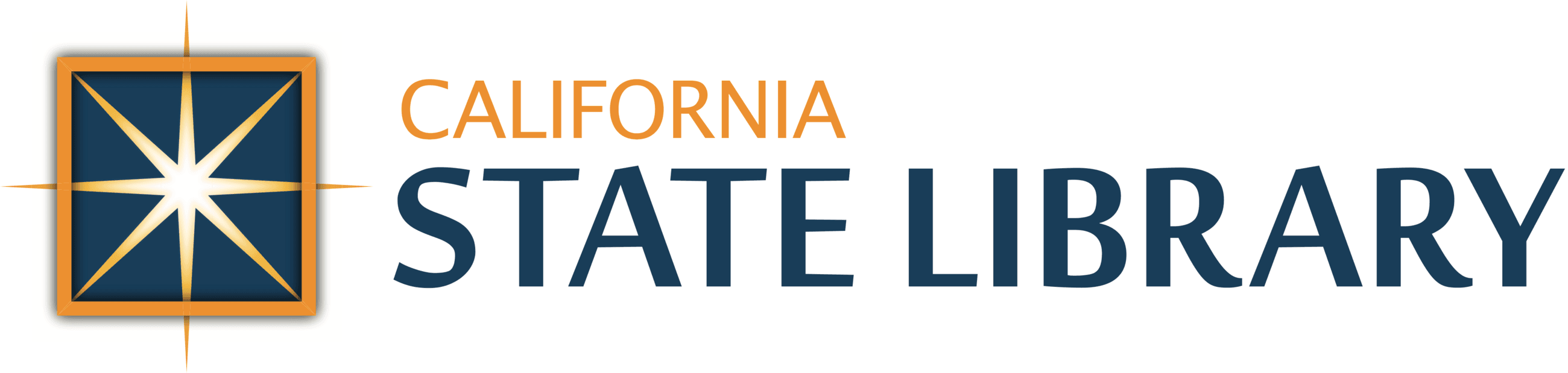 blue square with golden compass graphic left of California State Library text
