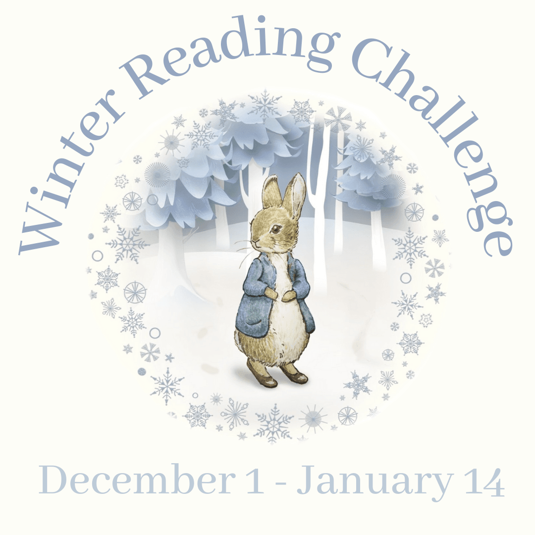 Cartoon image of a bunny in the snow wearing a blue coat. Test reads: Winter Reading Challenge.