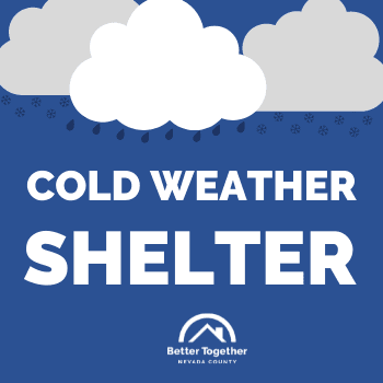 Puffy white storm clouds on a blue background. Text reads: Cold Weather Shelter