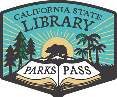 California State Library Parks Pass badge logo with bear, trees, sun & mountains behind an open book