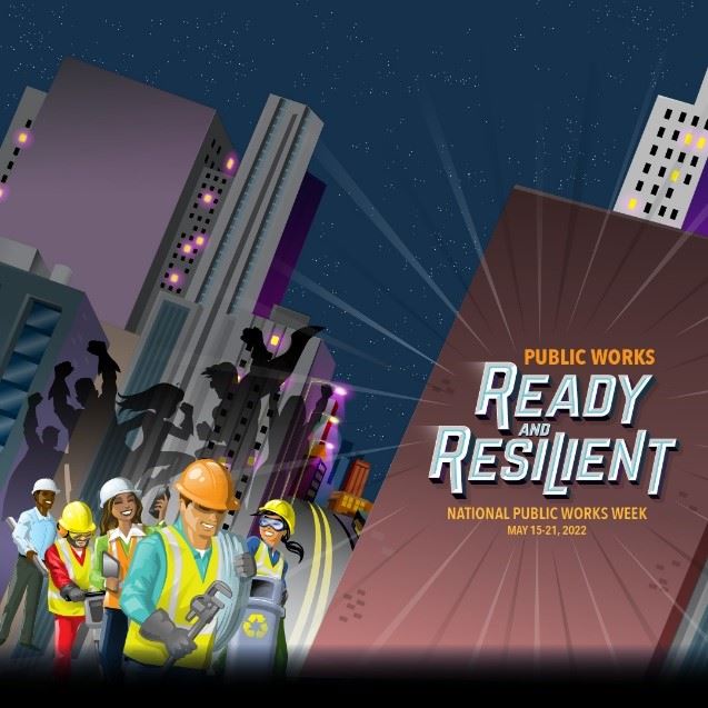 Comic book style drawing shows Public Works employees as superheroes. 