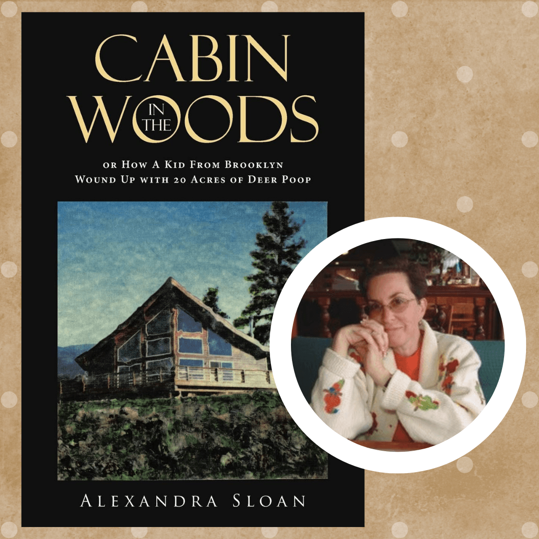 Headshot of author Alexandra Sloan next to image of the book jacket for Cabin in the Woods