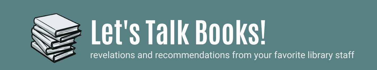 Lets Talk Books white text with white graphic of stacked books in front of grey green background