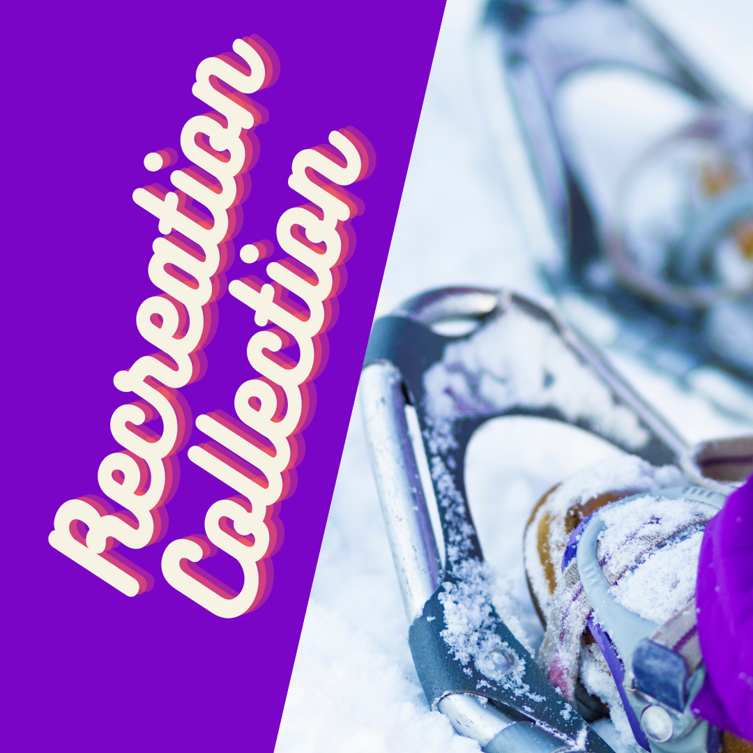 Picture of person's feet in the snow wearing snowshoes with neon purple background