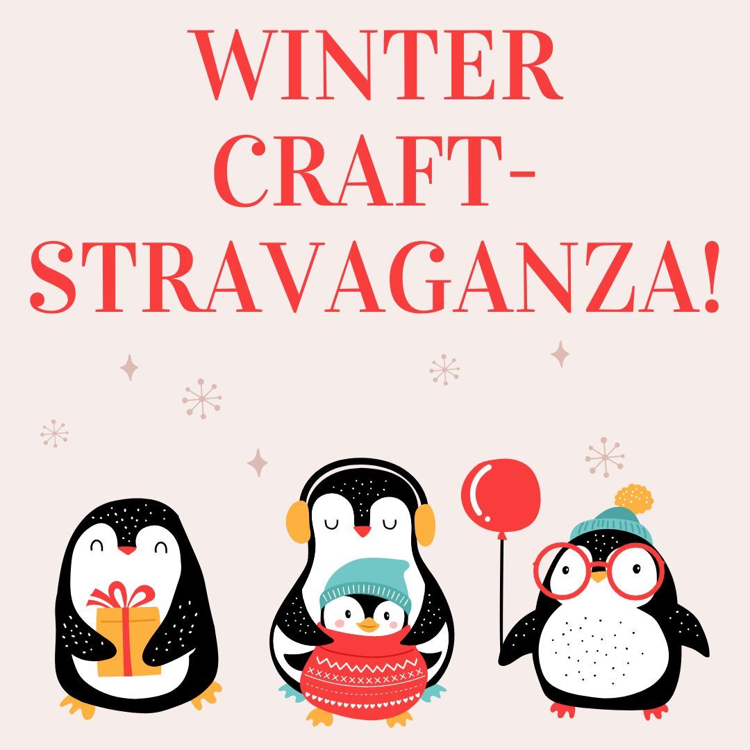 three cartoon penguins in scarves and hats in front of a pink background