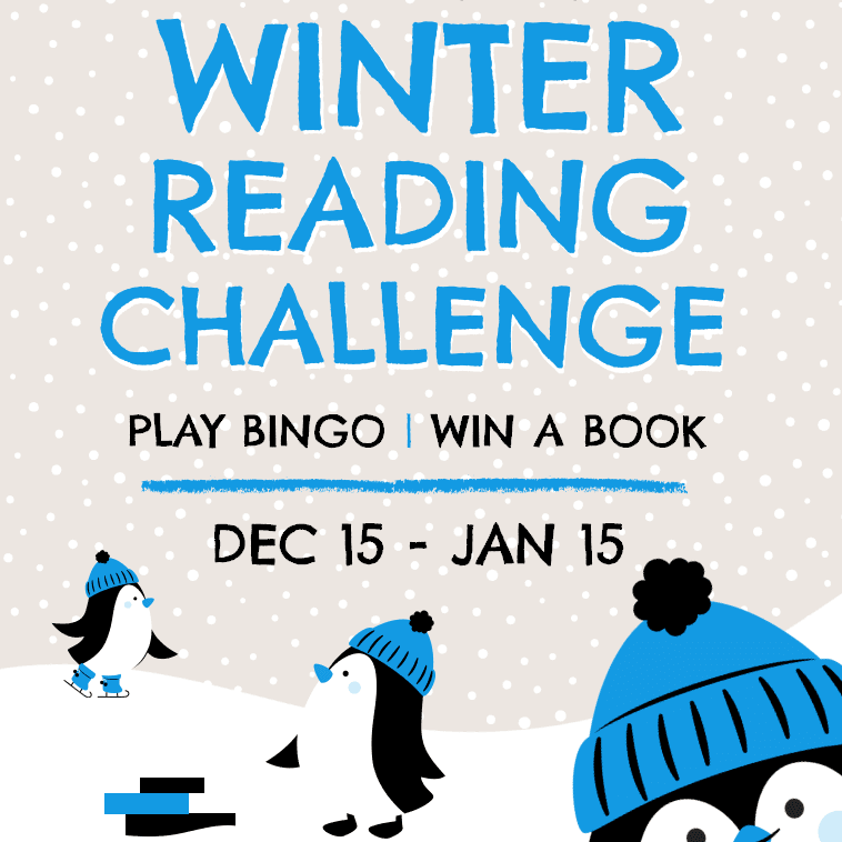 Winter Reading Challenge graphic with penguins playing in the snow
