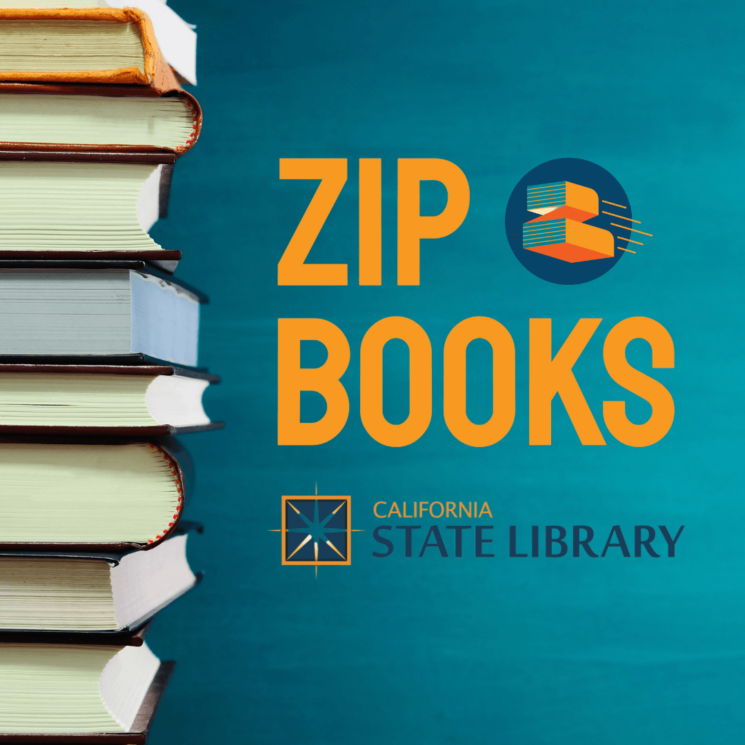 Zip books logo of orange font with image of stack of books on dark blue background