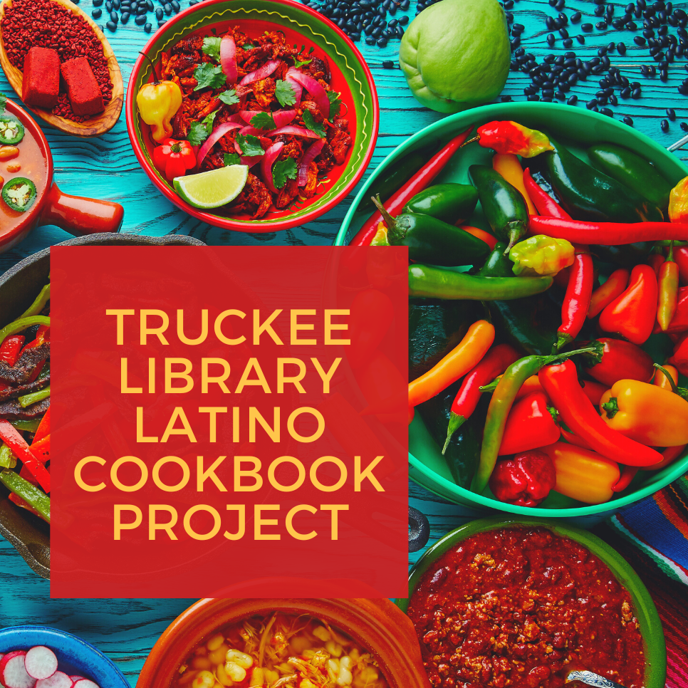 Red background with picture of Mexican food and yellow text 