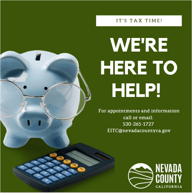 A blue ceramic piggy bank wearing glasses stands near a handheld calculator. Text reads: 