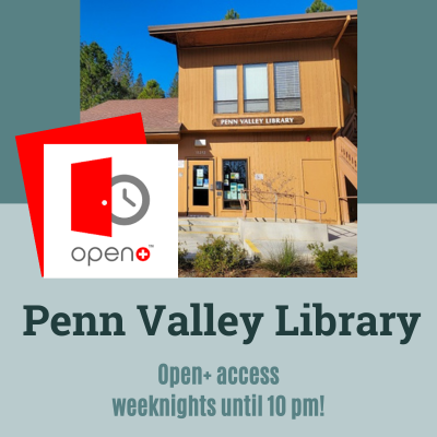 Image of Penn Valley Library against green background with red and white Open+ logo