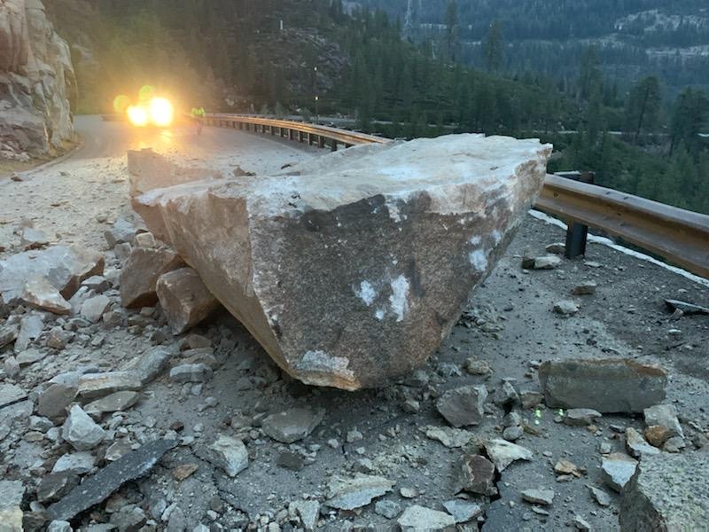rock and rubble on donner pass road in the very early morning 