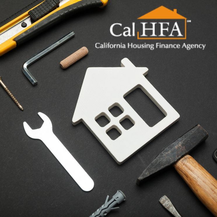 various tools to build a house are scattered with CalHFA logo