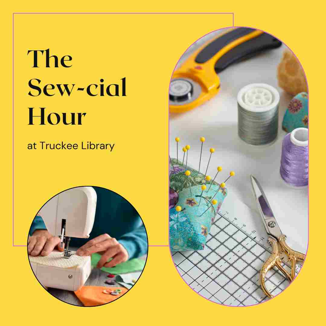 Square with yellow background. Bottom left, person using sewing machine. Right, sewing supplies.