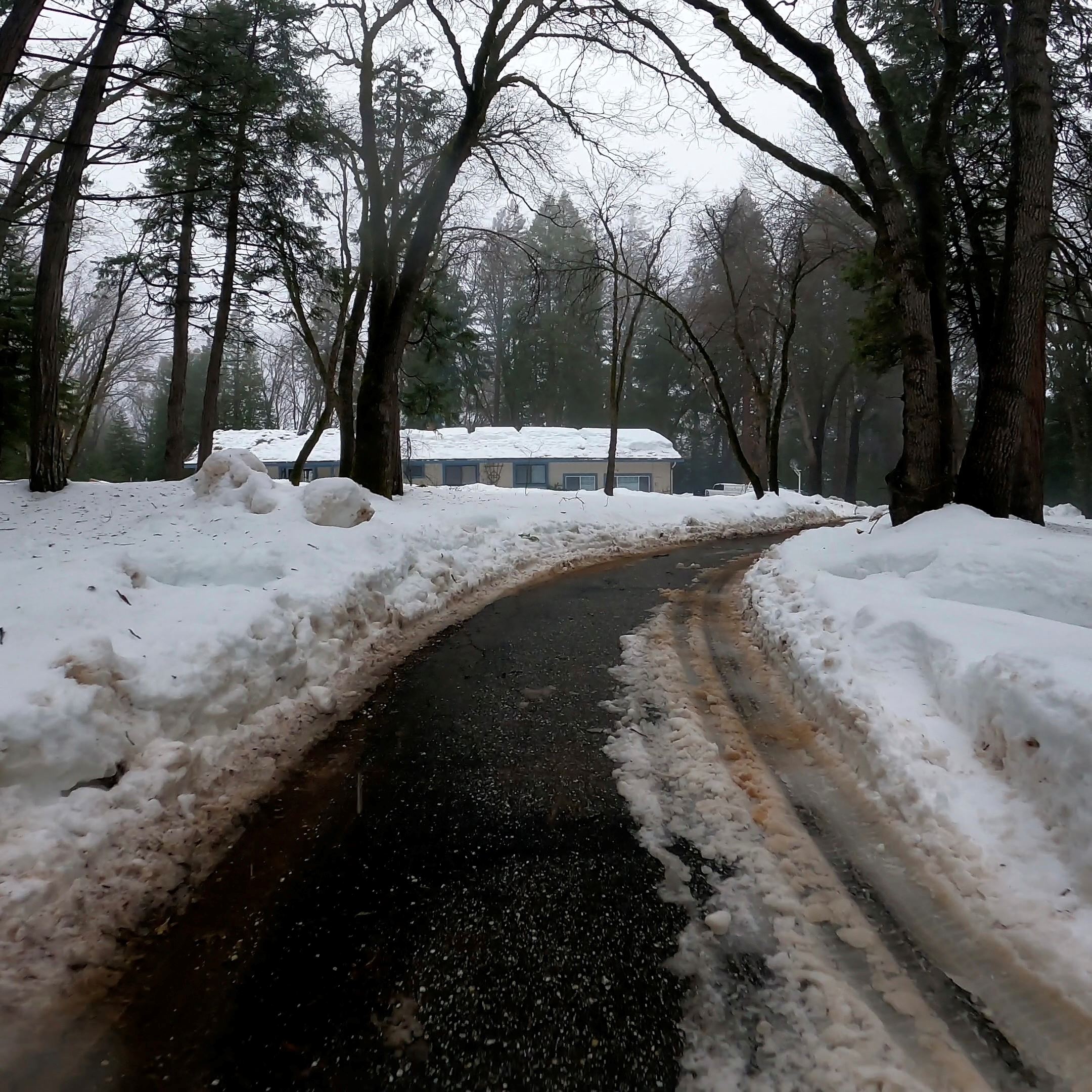 Snow in middle of a driveway during a winter storm