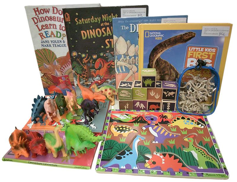 dinosaur-themed children's toys and picture books