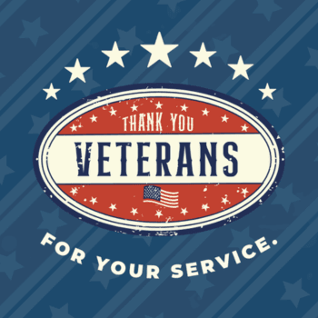Red white and blue coloring with white stars with the words thank you veterans for your service.