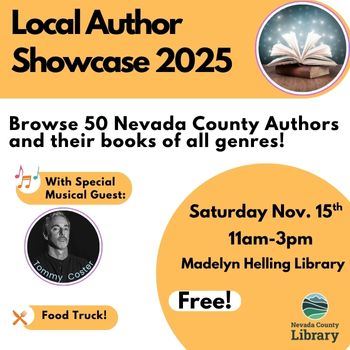 Flyer for Local Author Showcase 2025 at Madelyn Helling Library with 50 authors live music and food