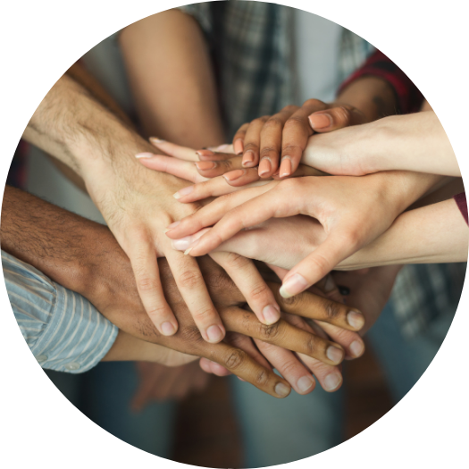 Hands of all colors come together in the center