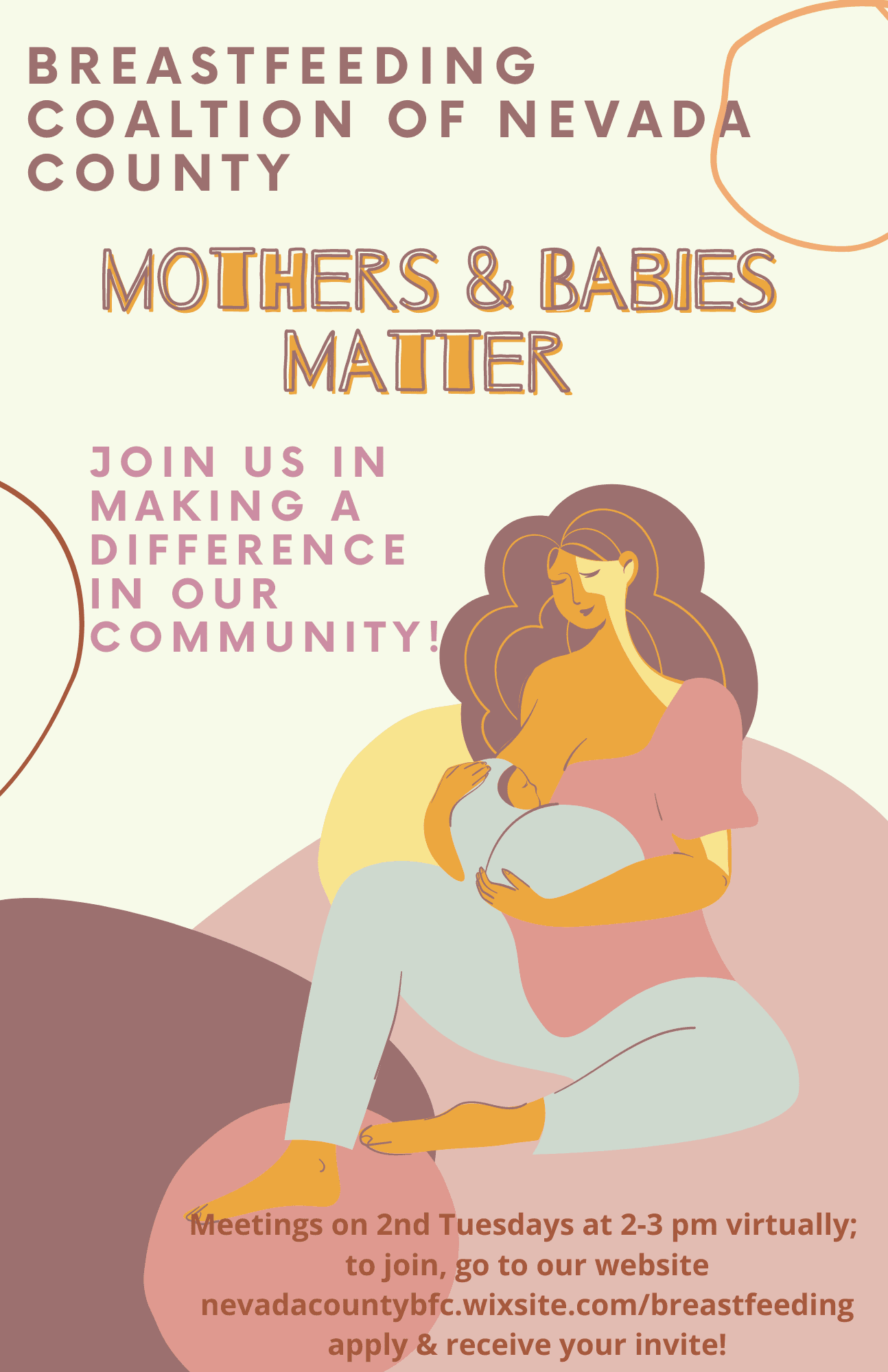 The Breastfeeding Coalition of Nevada County flyer image of  Mom chest feeding baby. 