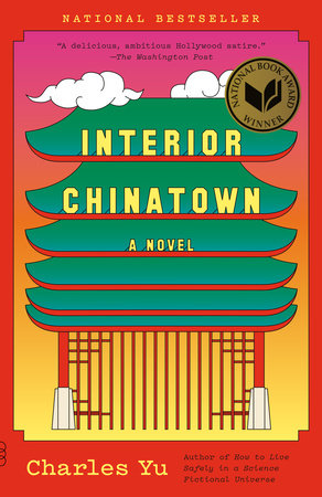 Interior Chinatown book jacket red and orange background with image of Chinese temple