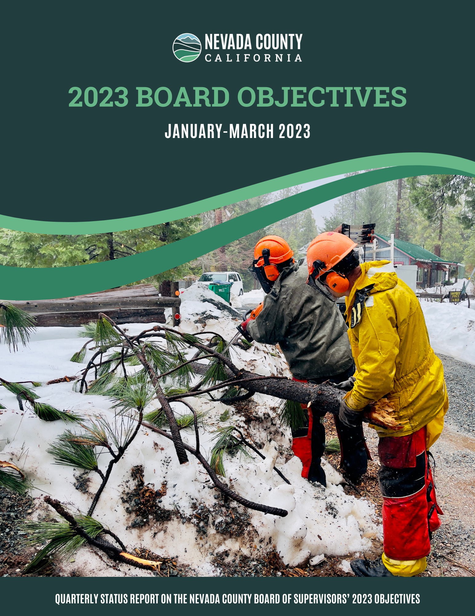 board objectives report cover with image of two people in snow cutting limbs from a down tree