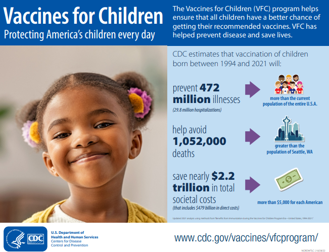 Vaccines for children. A smiling girl looking at the camera. Vaccines prevent 472 million illnesses.  CDC