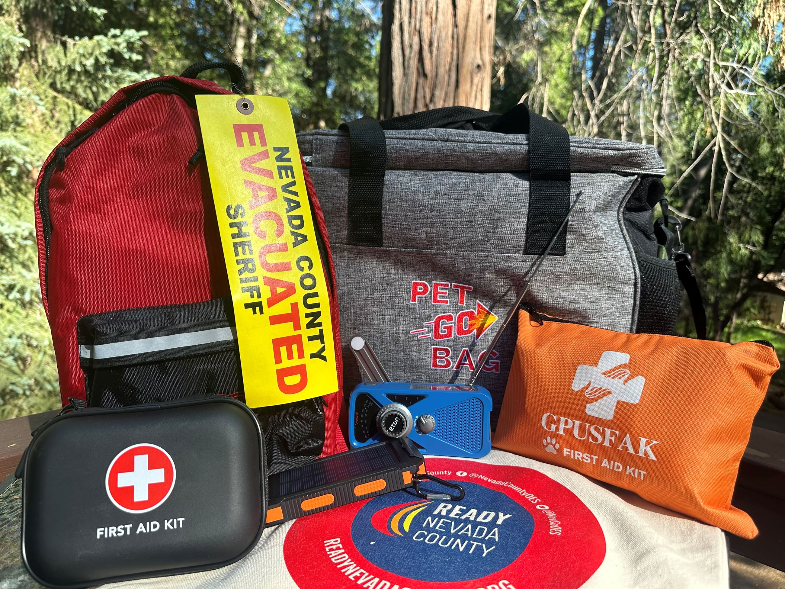 Go Bag Party Supplies including an evacuation tag and first aid kit. 