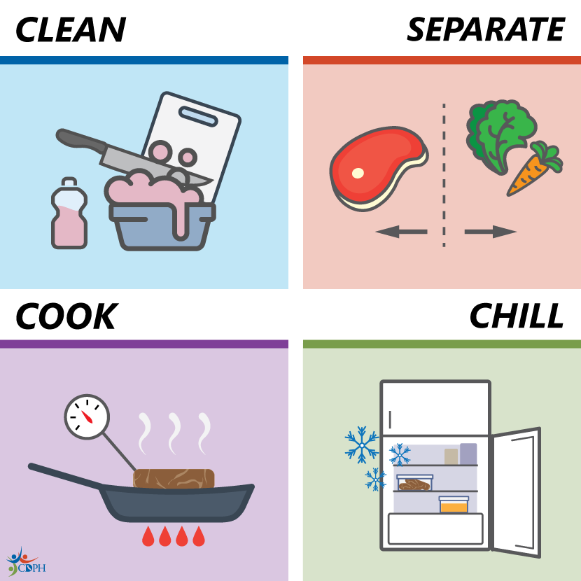 4 Steps for Food Safety: Clean, Separate, Cook, Chill.