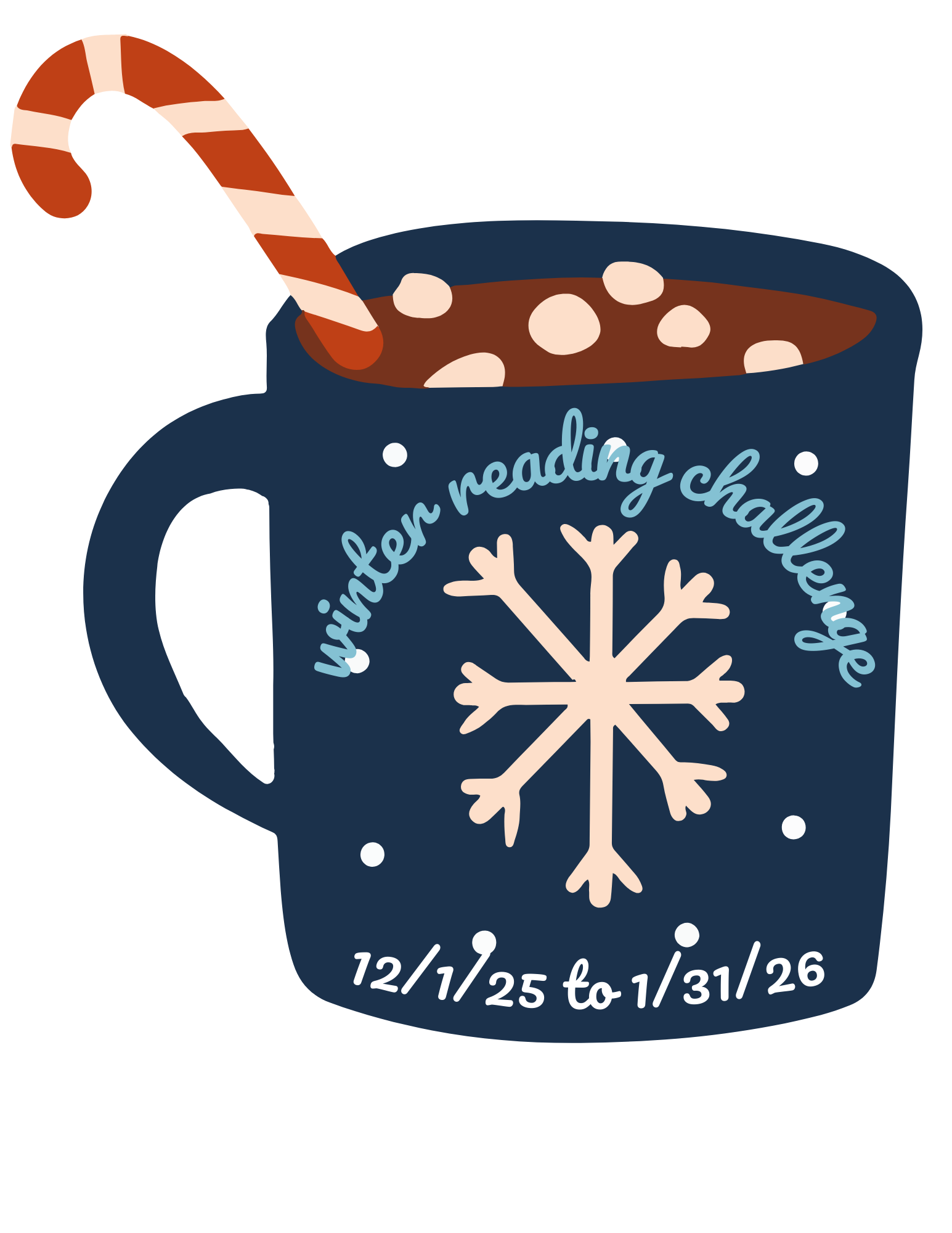 Graphic of mug with hot chocolate and text announcing winter reading