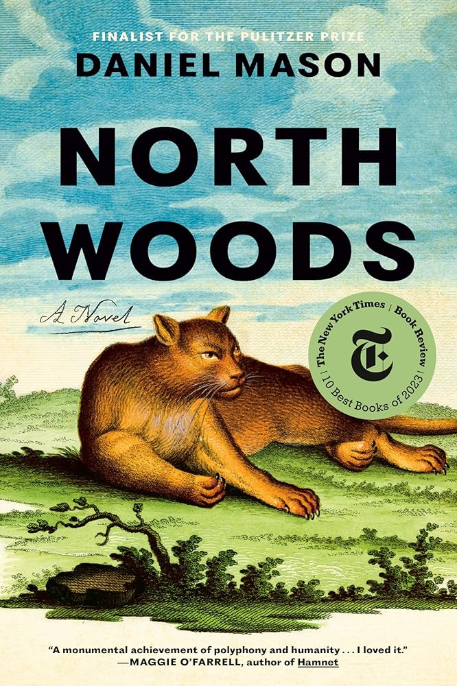 Drawing of mountain lion with bold text for North Woods by Daniel Woods