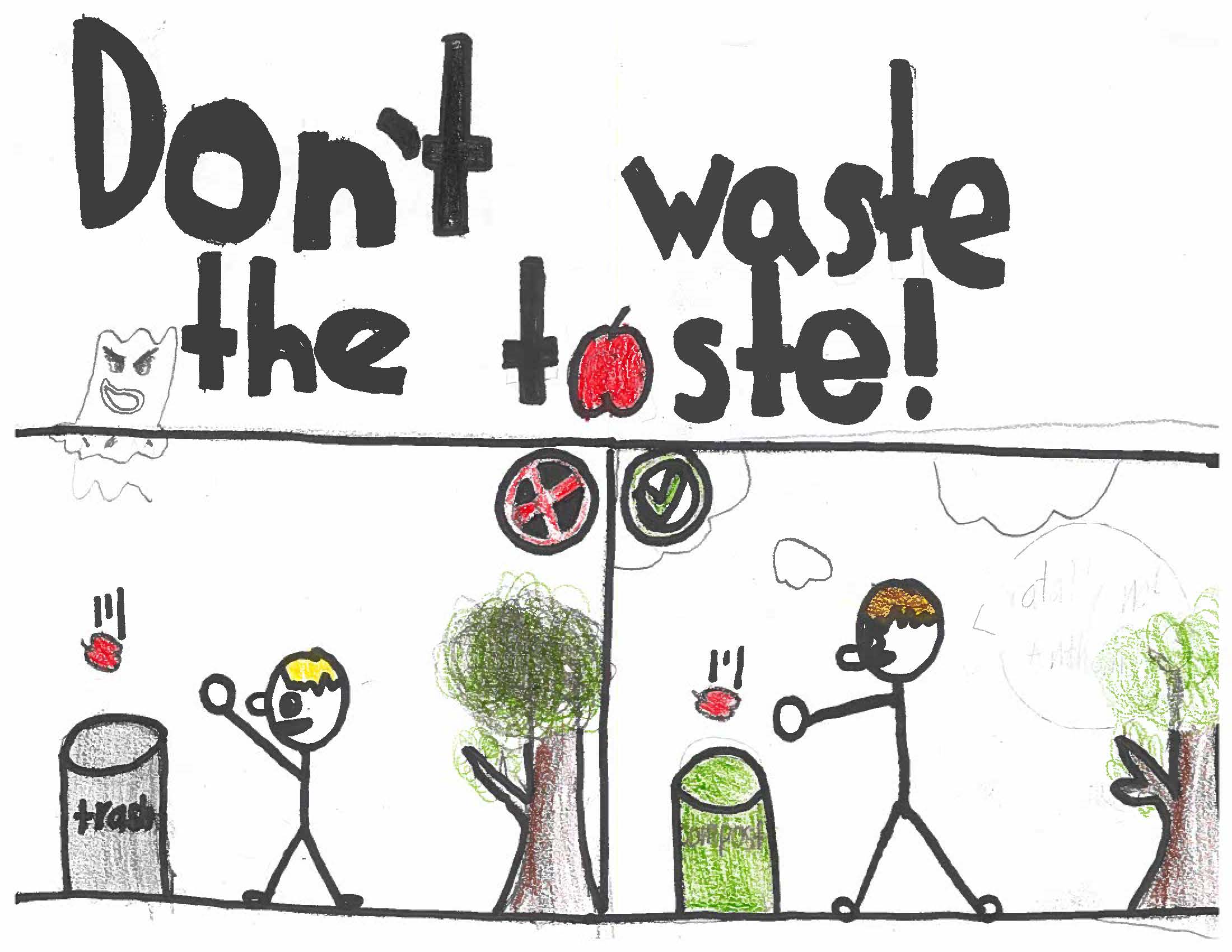 Drawing of composting and \"Don't waste the taste\" encouraging consumption of food before it