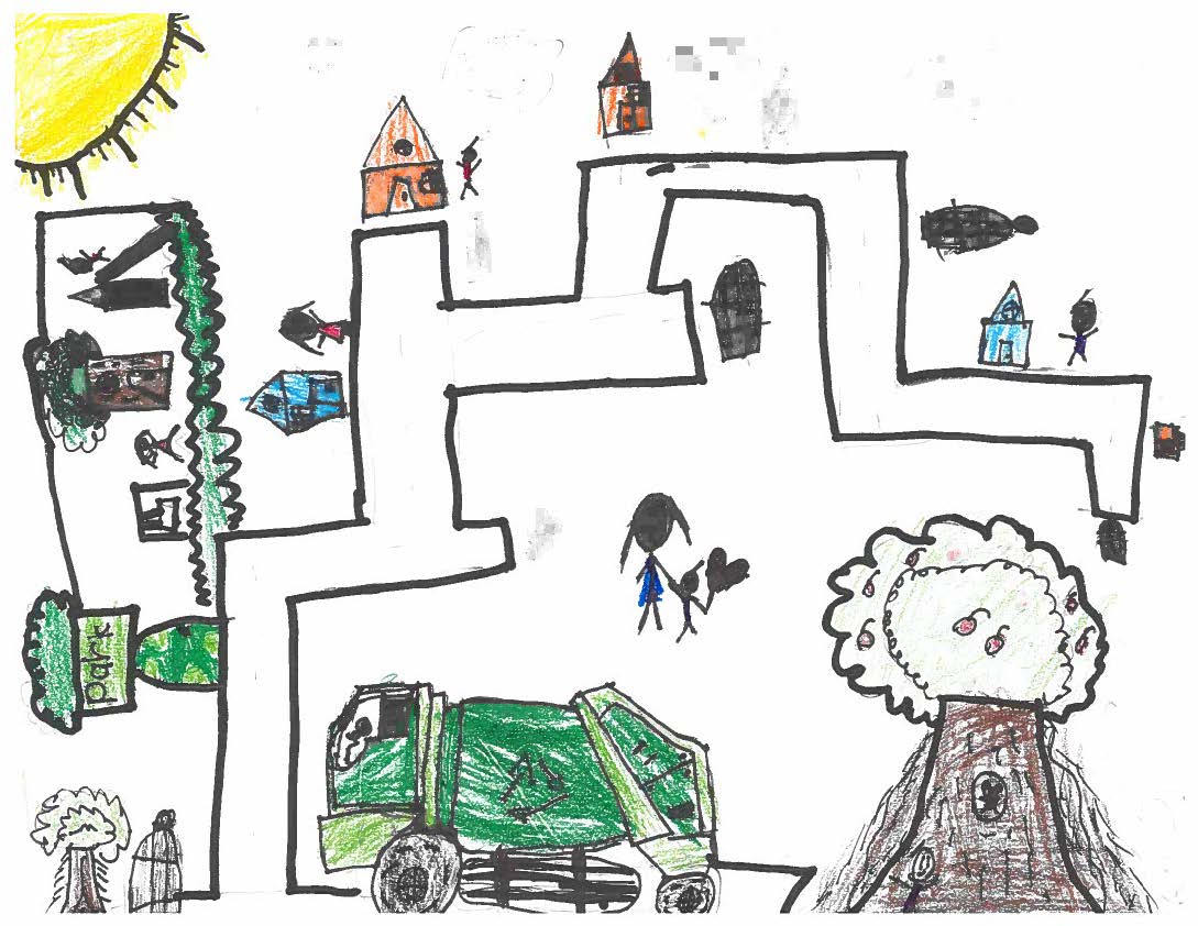 Drawing of trash truck and a clean neighborhood with people and houses, trees and  a park