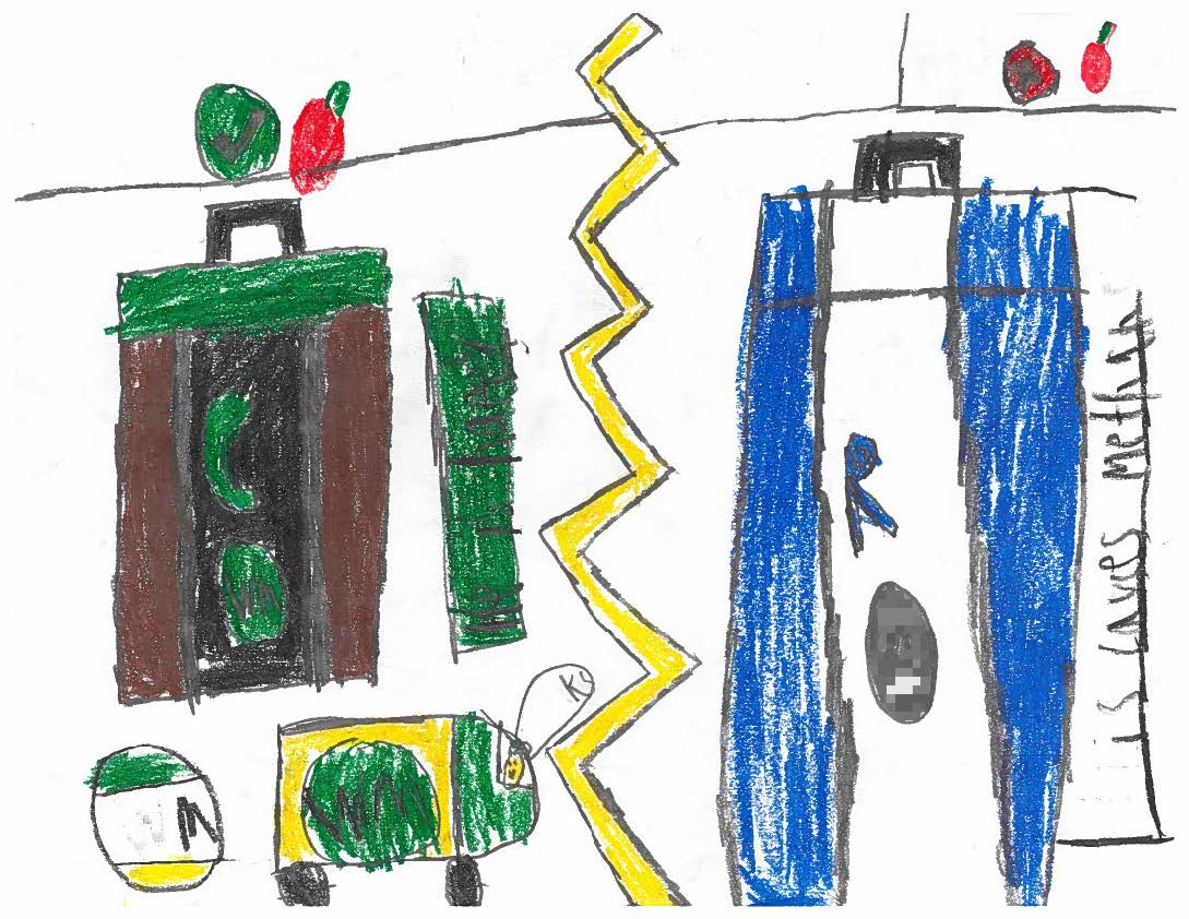 Drawing of a green bin and WM truck with green check mark and wrong is apple in blue bin