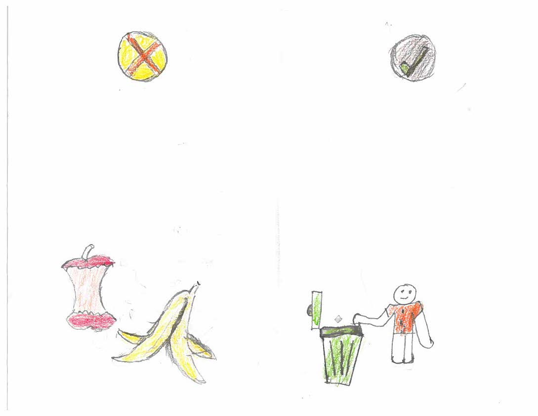 Drawing of person putting banana peel and apple core in compost bin
