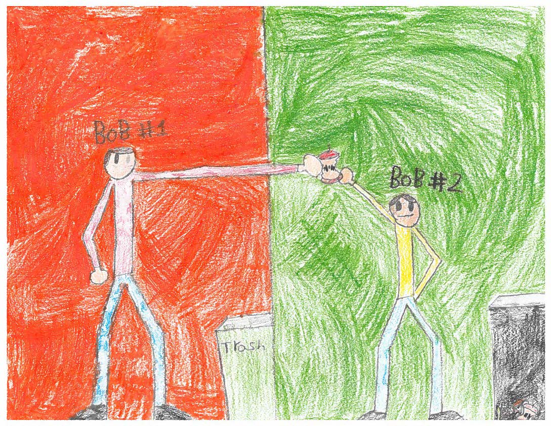 Drawing of Bob#1 next to trash can and handing apple core to Bob#2 to be composted